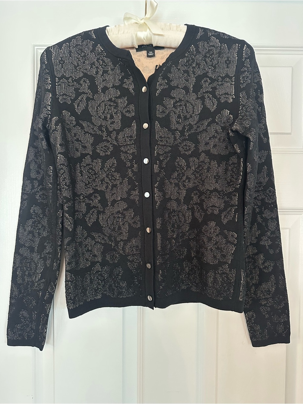 Ann Taylor Black Rayon Knit Stretch Cardigan Beige Underlay Floral Detail